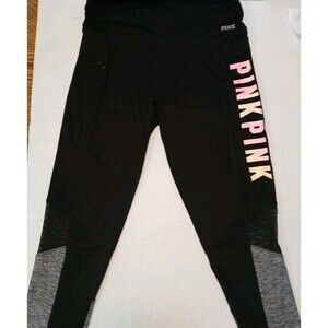 Victoria Secret Pink Ultimate Black/Gray Athletic Leggings Sheer Pockets Large